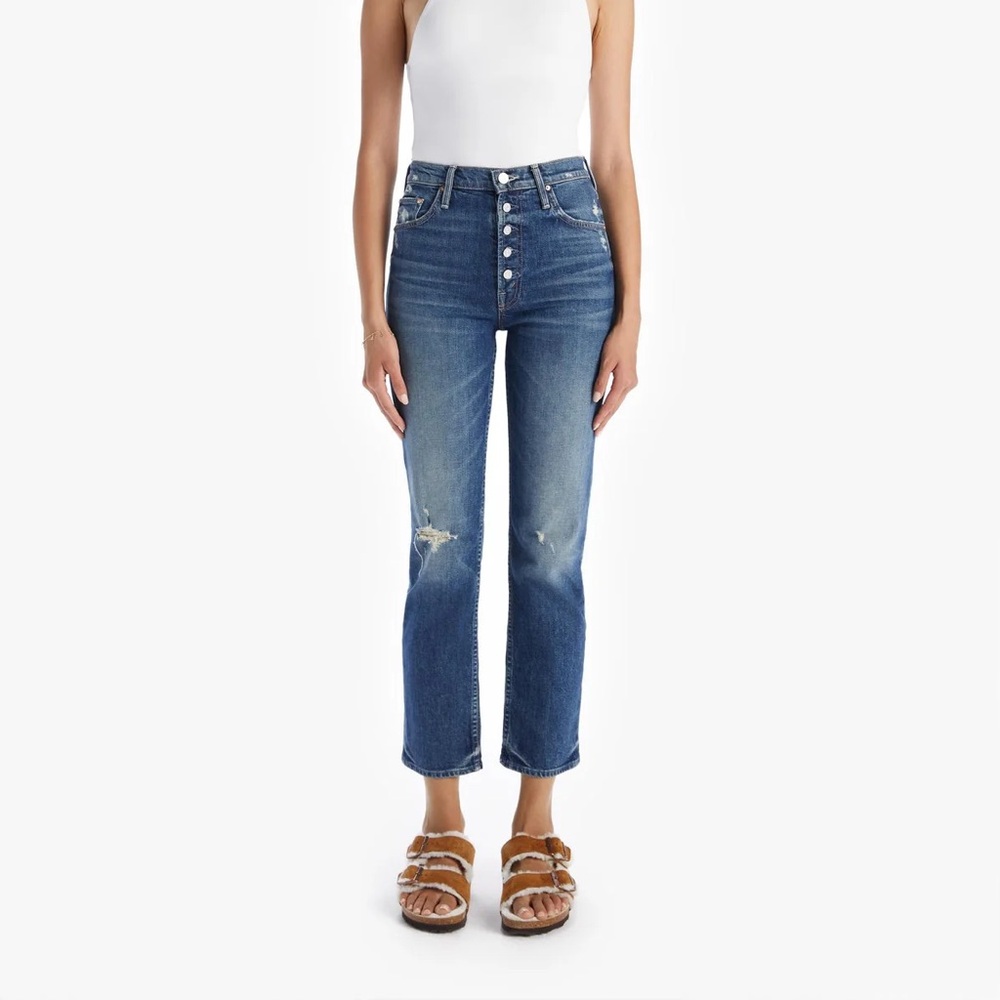 MOTHER Women's Ankle Crop Button-Fly Distressed Jeans — Blue